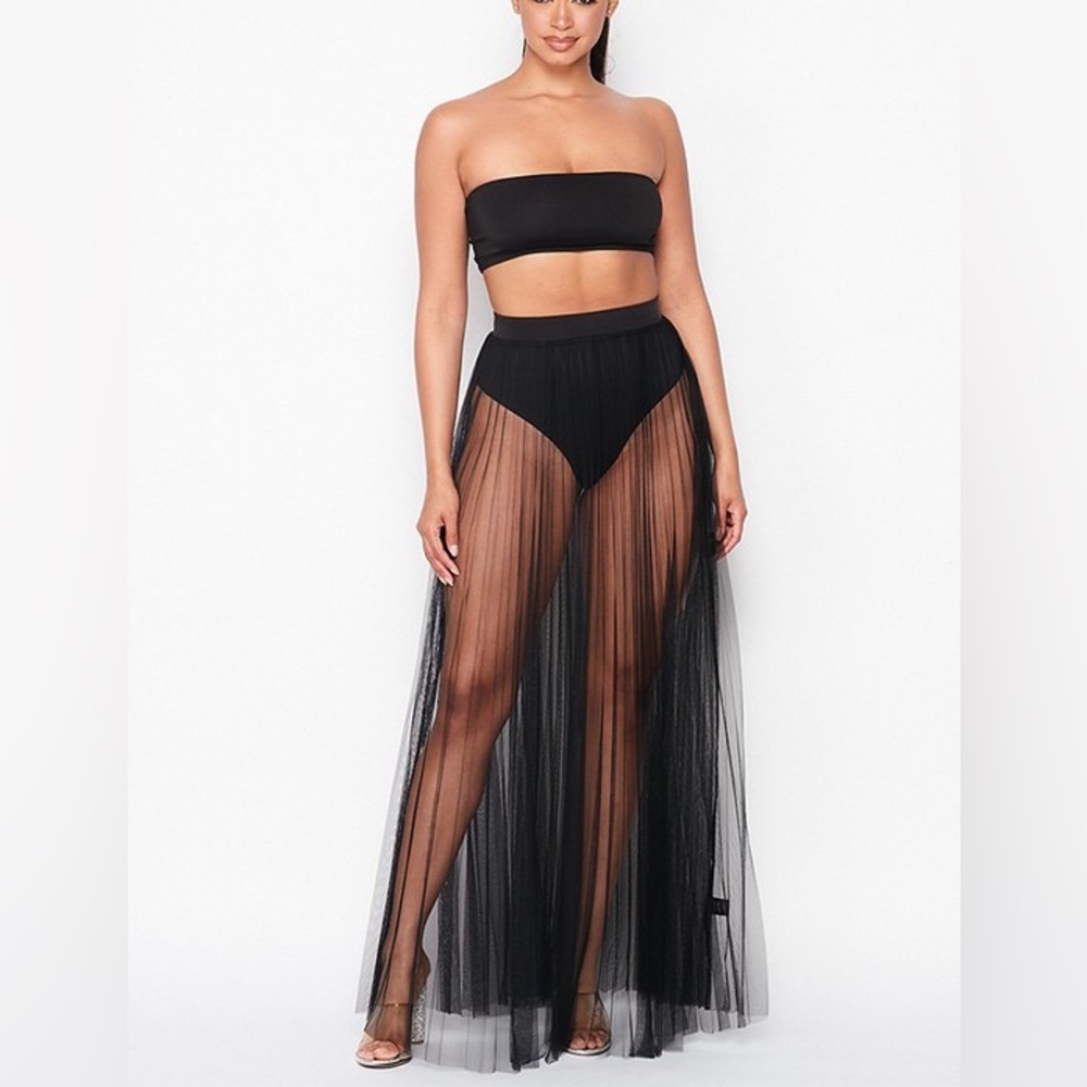 Nu Shuz Key West Black Pleated Sheer Maxi Skirt - Picture 2 of 9